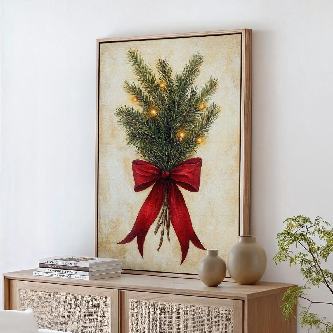 Christmas Pine Bundle With Lights And Red Bow Rustic Holiday Poster