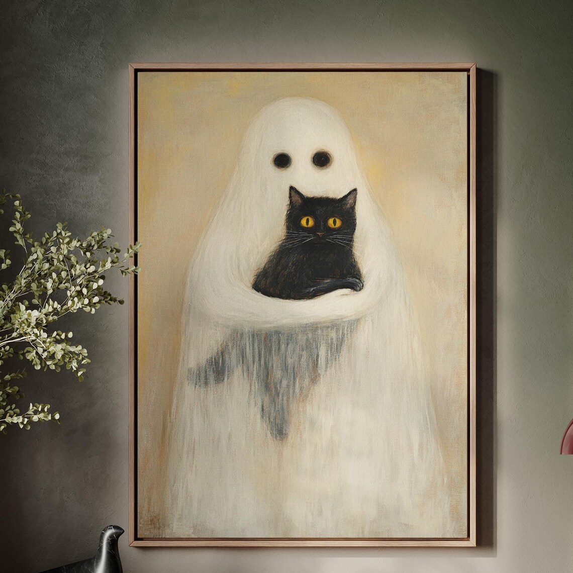 Friendly Ghost Hugging Black Cat Cute Spooky Halloween Minimal Wall Poster