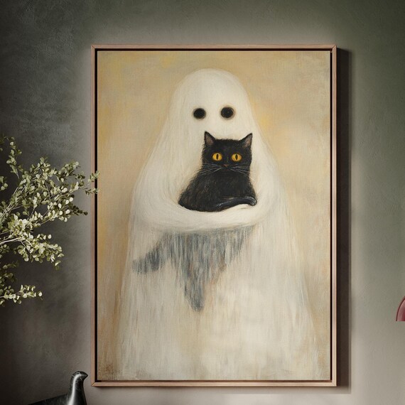 Friendly Ghost Hugging Black Cat Cute Spooky Halloween Minimal Wall Poster