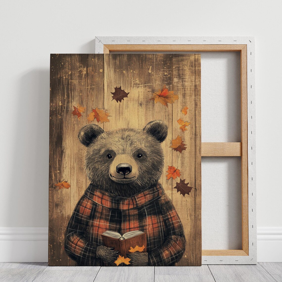 Cozy Bear in a Red Plaid Flannel Reading an Autumn Book Poster