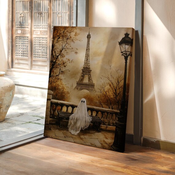 Cute Ghost With Eiffel Tower Paris Autumn Spooky Vintage Wall Art