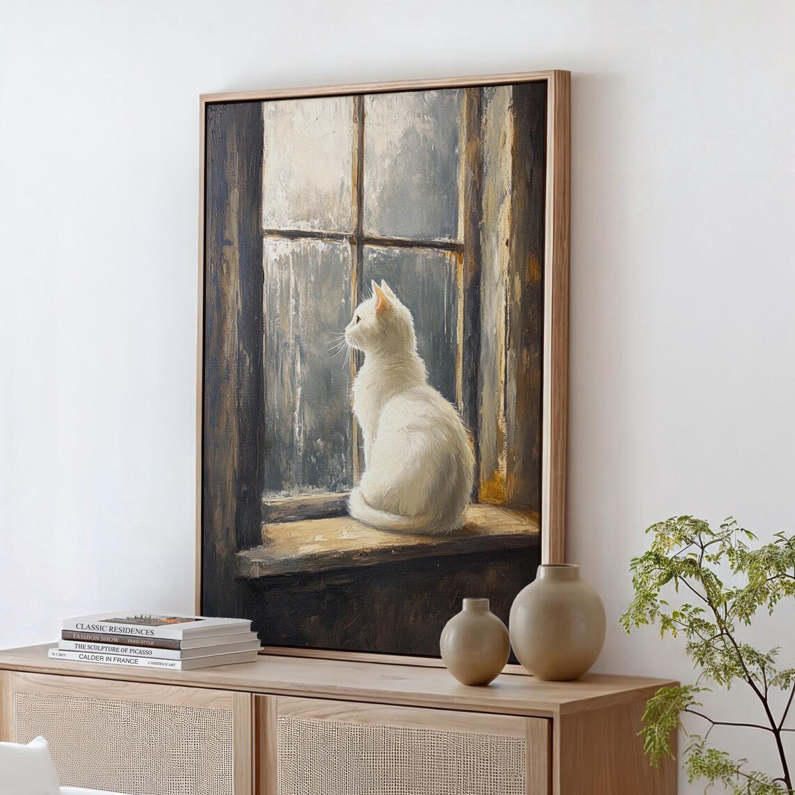 White Cat by Rustic Window, Vintage Farmhouse Art Print