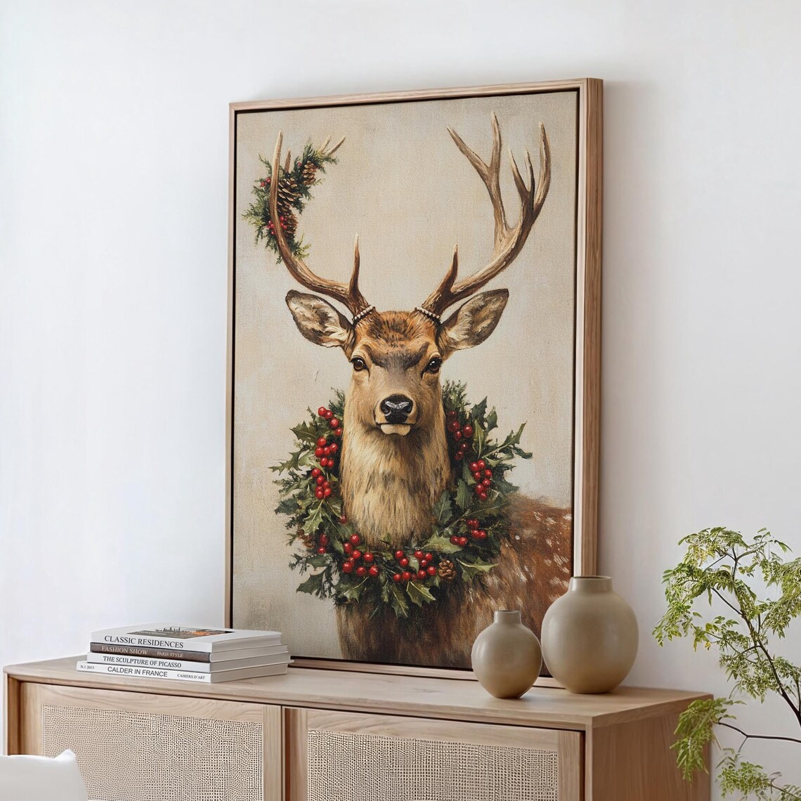 Christmas Stag With Holly Berry Wreath Vintage Holiday Art Poster
