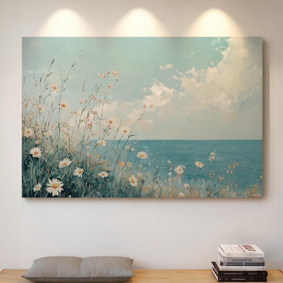 White Daisies on Coastal Cliff Azure Ocean Sky Floral Painting Poster
