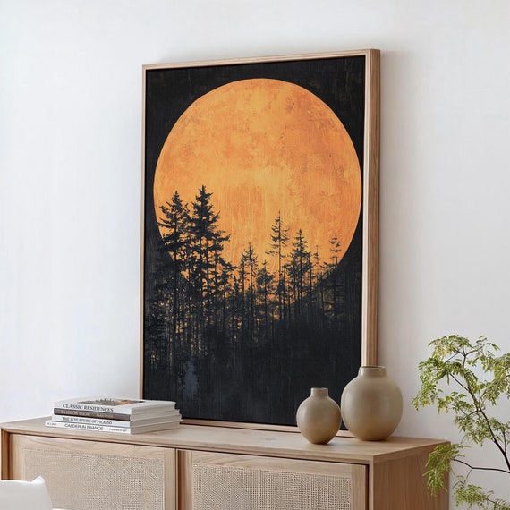 Orange Full Moon Art Mystical Forest Night Scene With Silhouetted Trees Celestial Wall Decor For Serene Ambiance