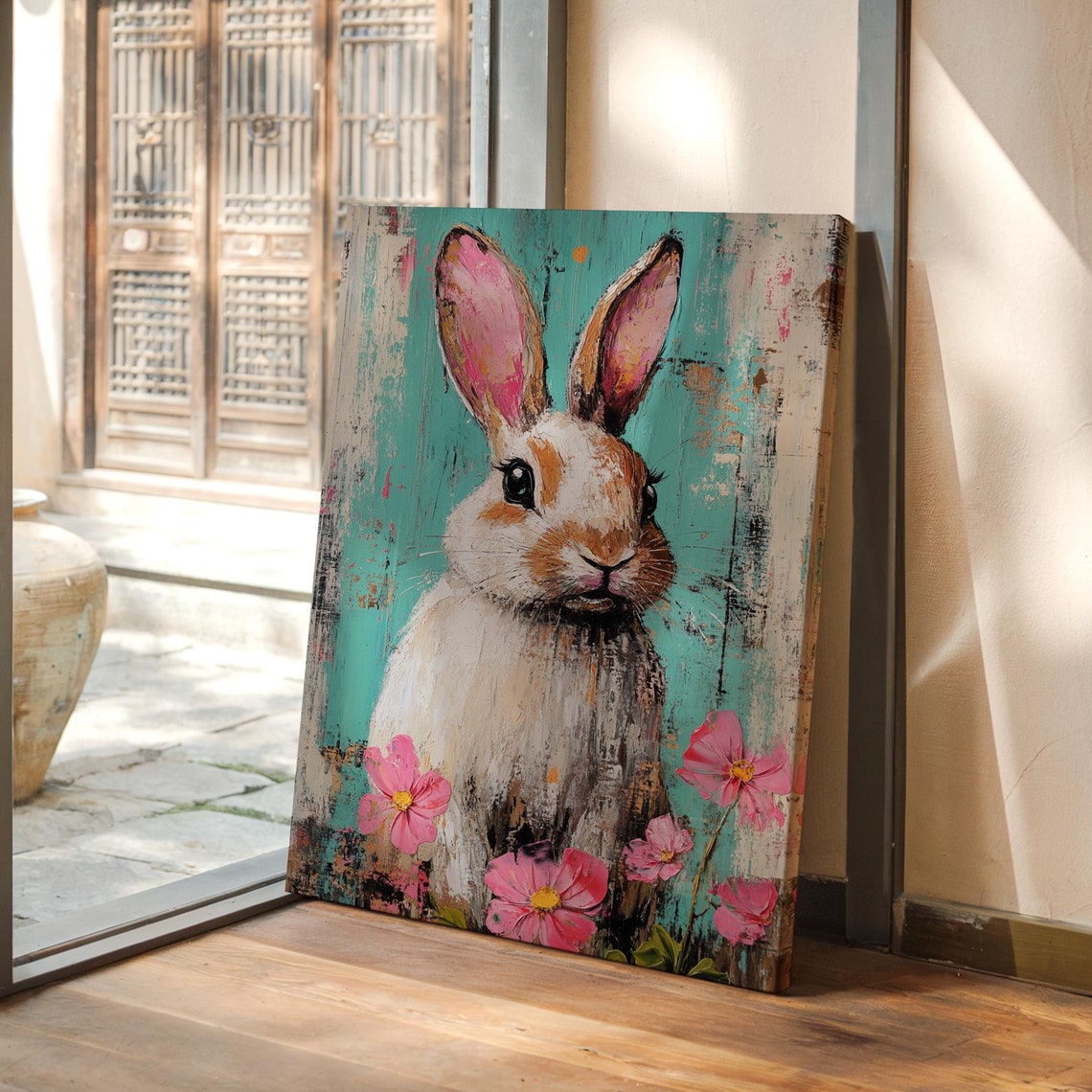 Whimsical Bunny Portrait With Pink Flowers on Teal Background Poster