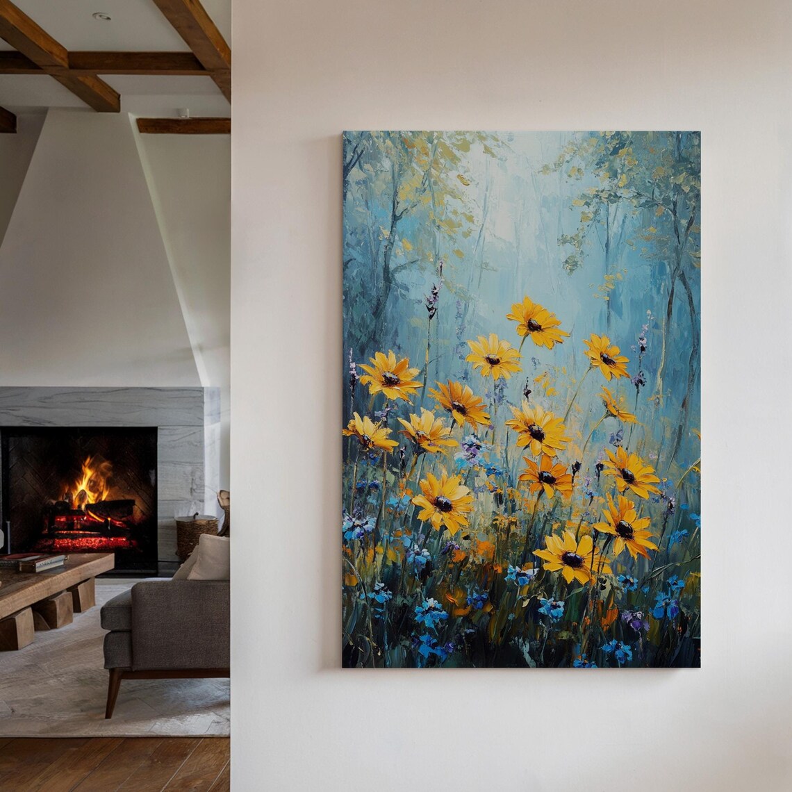 Tall Yellow Sunflowers In Misty Blue Forest Wildflower Poster - Image 7
