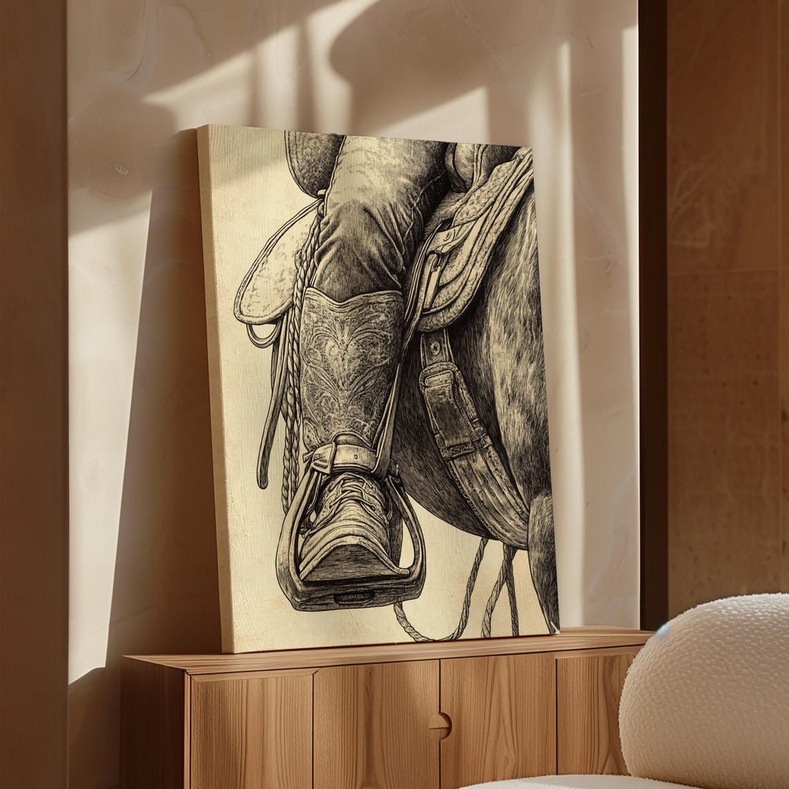Western Cowboy Boot Art Vintage Saddle Illustration Rustic Farmhouse Decor Black And White Equestrian Print