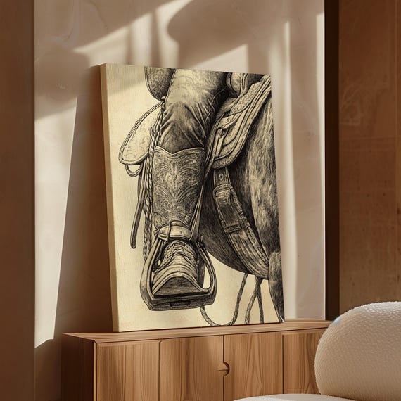 Western Cowboy Boot Art Vintage Saddle Illustration Rustic Farmhouse Decor Black And White Equestrian Print