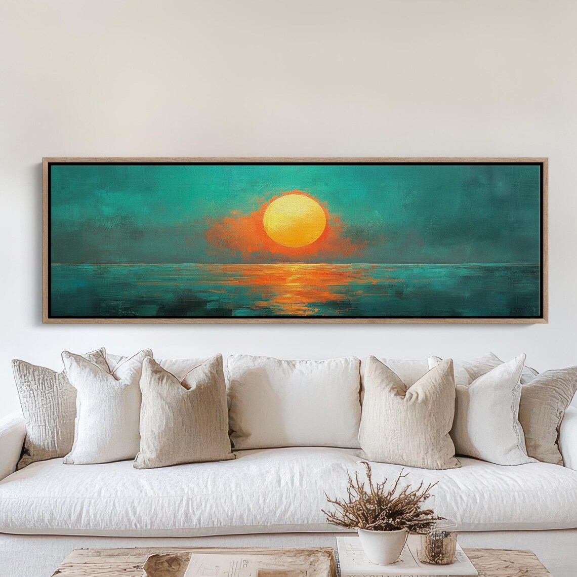 Bold Teal Abstract Sunset Ocean Large Orange Sun Modern Art Poster