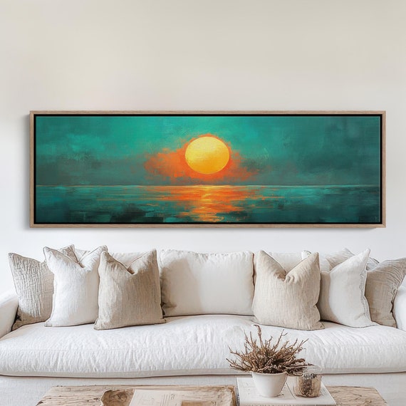 Vivid Teal And Yellow Sunset Abstract Ocean Art For Modern Home Decor Bold And Colorful Wall Art Piece