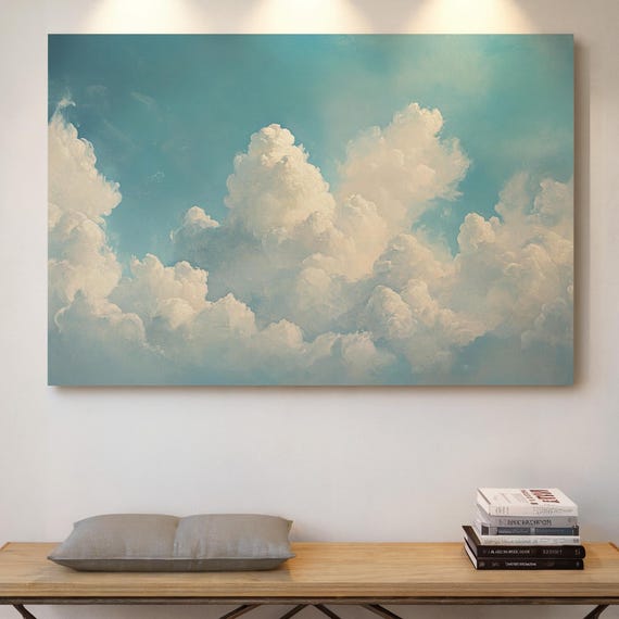 Heavenly Sky Canvas Wall Art Dreamy White Clouds In Bright Blue Peaceful Christianinspired Vintage Oil Painting Print