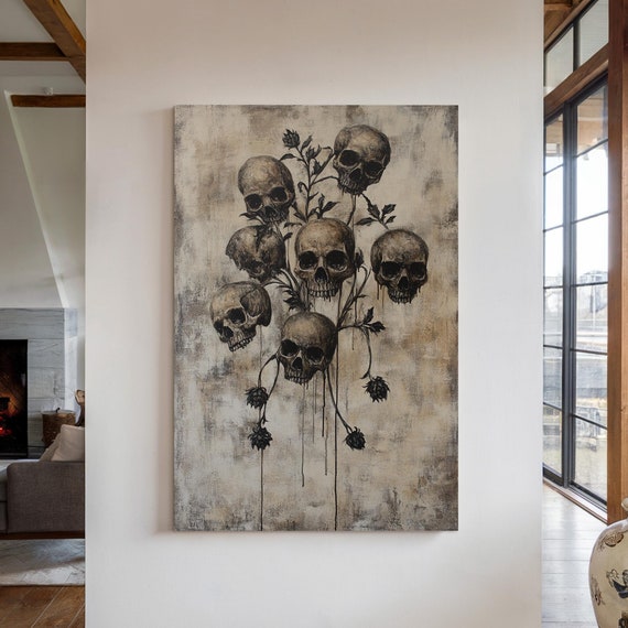 Gothic Skull Floral Art Dark Botanical Wall Decor Macabre Black Rose Skull Painting For Alternative Home Style