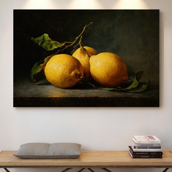 Vintage Lemon Still Life Oil Painting Rustic Fruit Art Poster