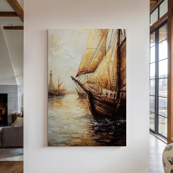 Golden Sailboats At Sea Vintage Nautical Canvas Lighthouse Sunset Harbor Scene Textured Maritime Oil Painting Print