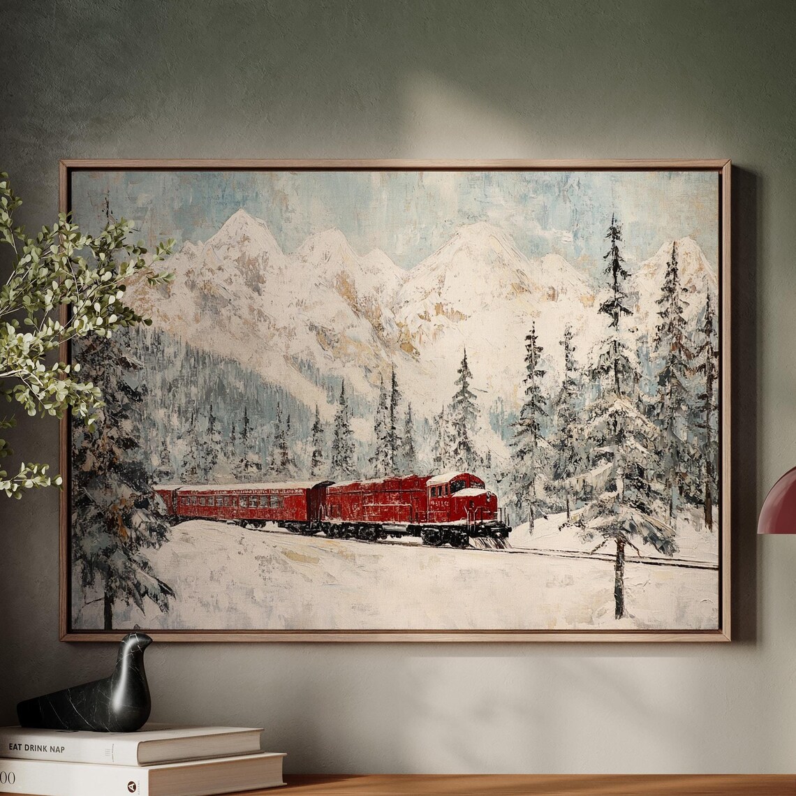 Red Locomotive Train In Snowy Alpine Winter Railway Wall Poster