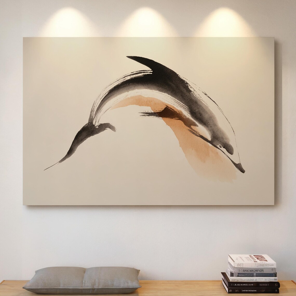 Minimalist Dolphin Ink Painting Japanese Sumi E Style Leaping Poster