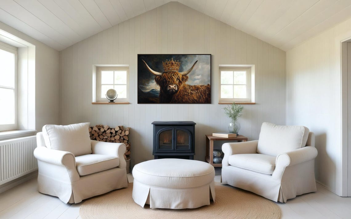 Highland Cow Wearing Jeweled Gold Crown Under Stormy Sky Poster - Image 3