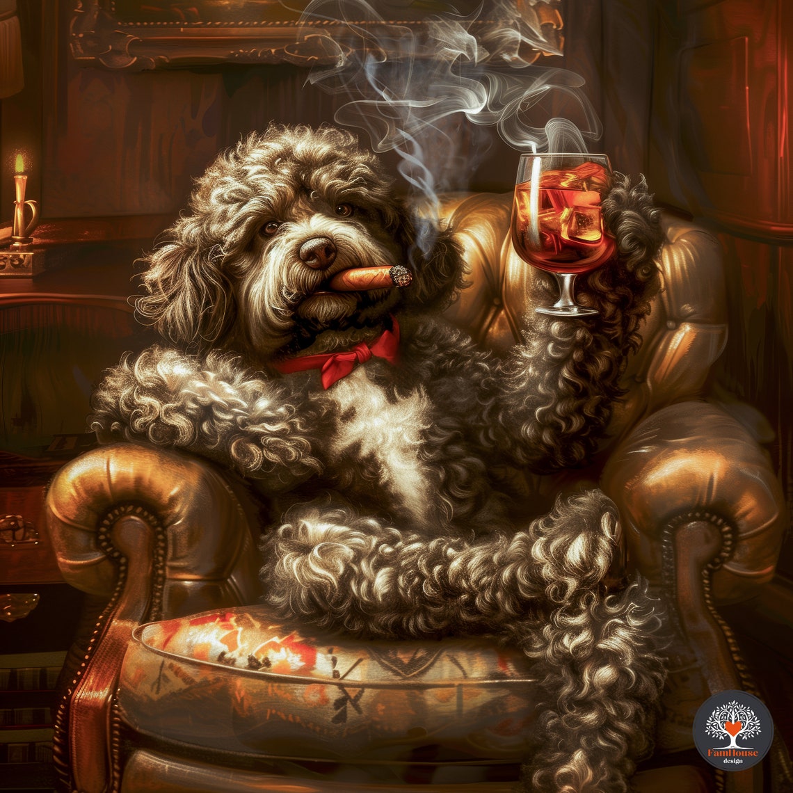 Curly Brown Dog Gentleman Lounging with Cigar and Whiskey Poster - Image 6