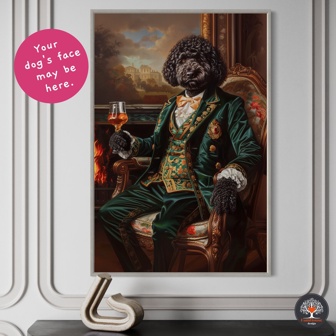 Black Doodle Victorian Dog Portrait, Humor Art Print