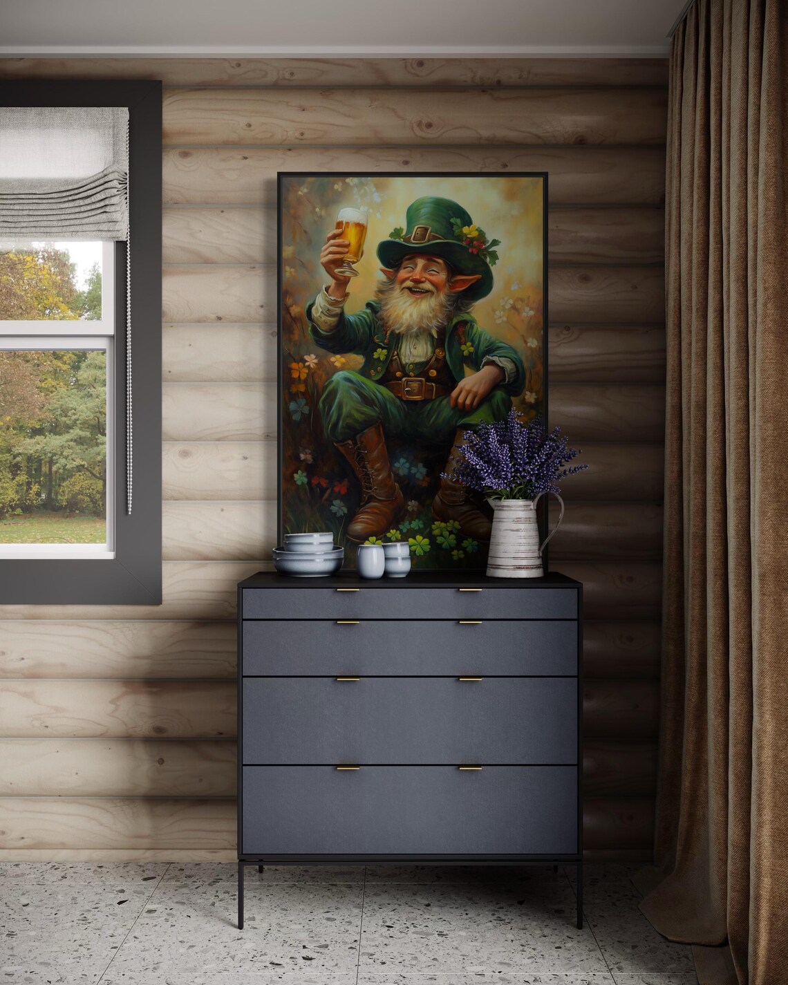 Cheerful Leprechaun Raising Beer Glass Among Shamrock Meadow Poster - Image 6