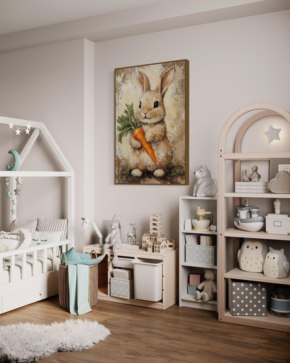 Adorable Bunny Holding a Carrot Oil Painting Rustic Style Poster - Image 6