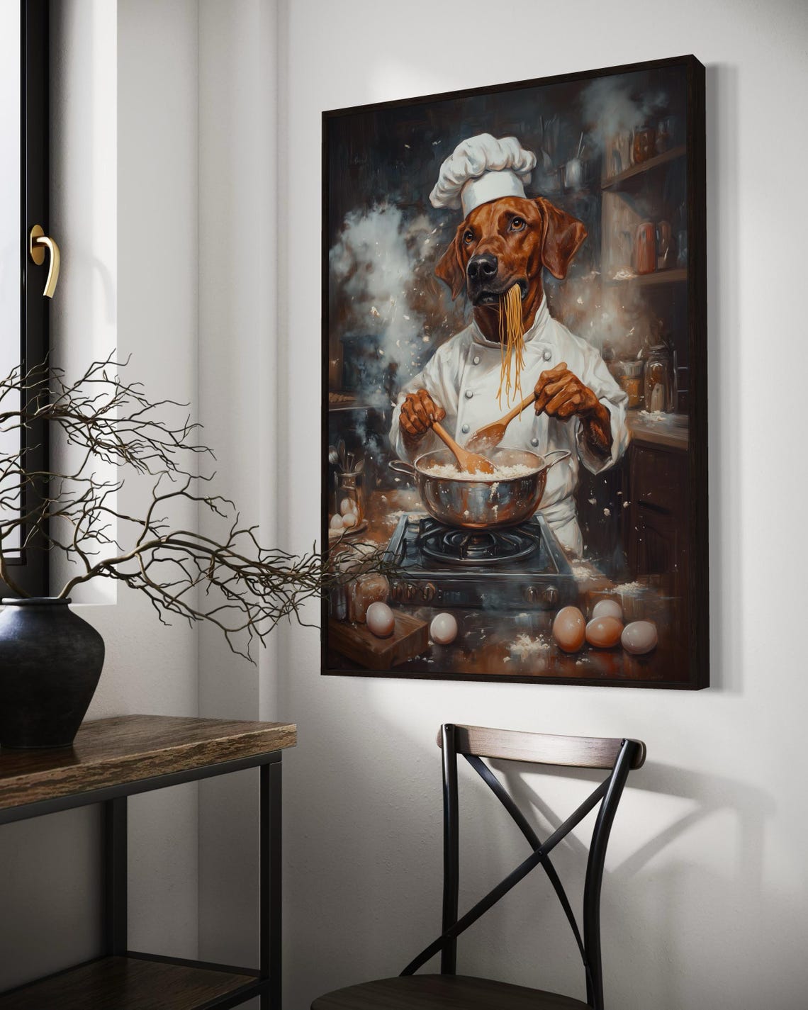 Rhodesian Ridgeback Chef Cooking Spaghetti in Rustic Kitchen Poster - Image 6