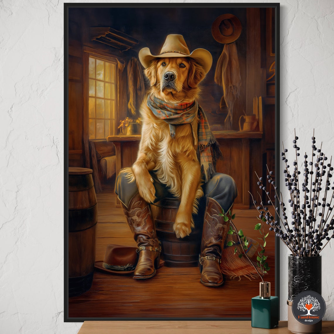 Golden Retriever Cowboy Portrait in Rustic Western Saloon Poster
