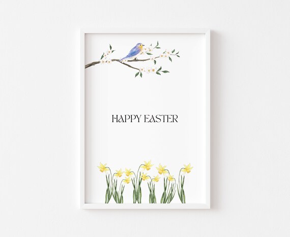 Easter Print Happy Daffodil Wall Decor Birds Spring Prints Home Hello Cute