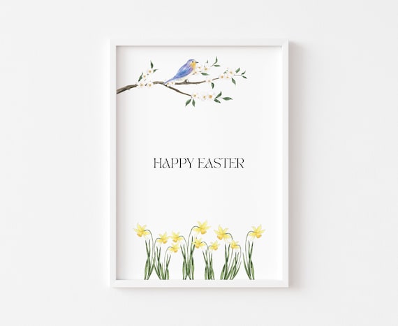 Happy Easter Watercolor Bluebird Blossom Branch Daffodil Poster