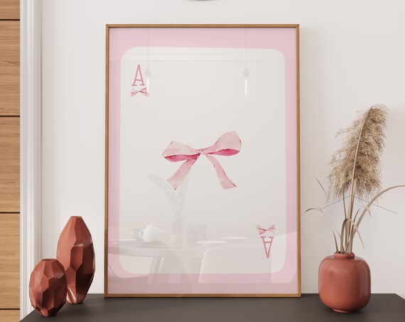 Pink Bow Playing Card Ace Watercolor Coquette Ribbon Wall Art