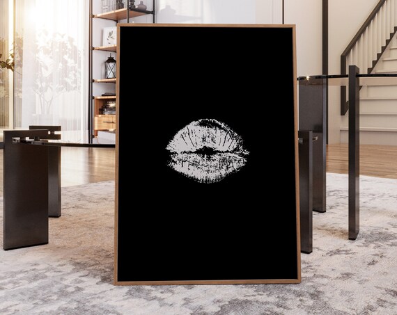 White Kiss Mark On Black Bold Trendy Retro Fashion Lips Poster