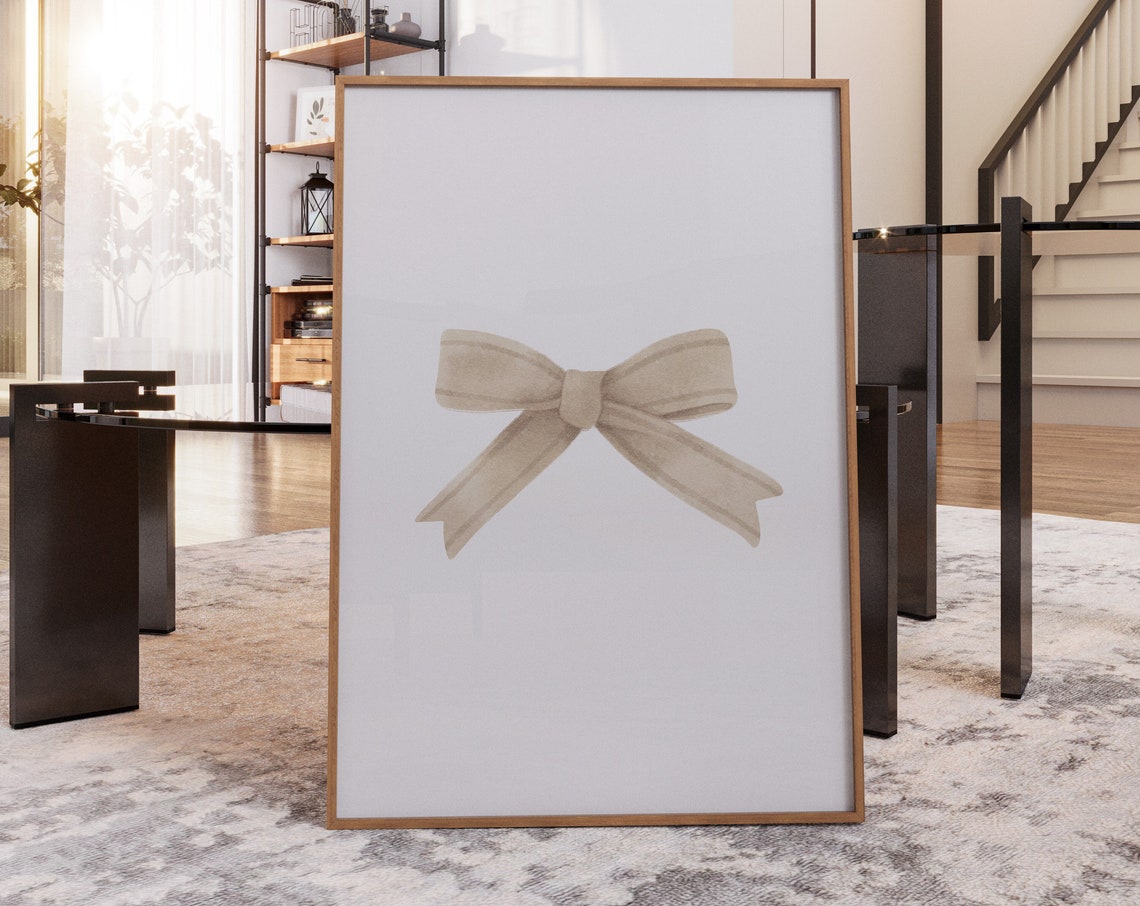 Beige Watercolor Bow Minimalist Ribbon Balletcore Aesthetic Wall Art