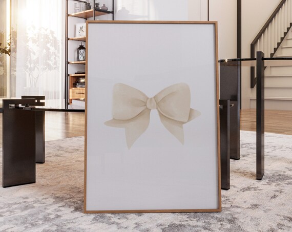 Beige Watercolor Bow Single Neutral Coquette Bedroom Wall Art