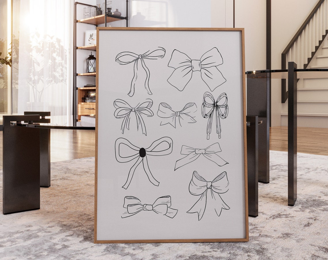 Black Line Art Bow Collection Minimalist Ribbon Sketch Wall Art