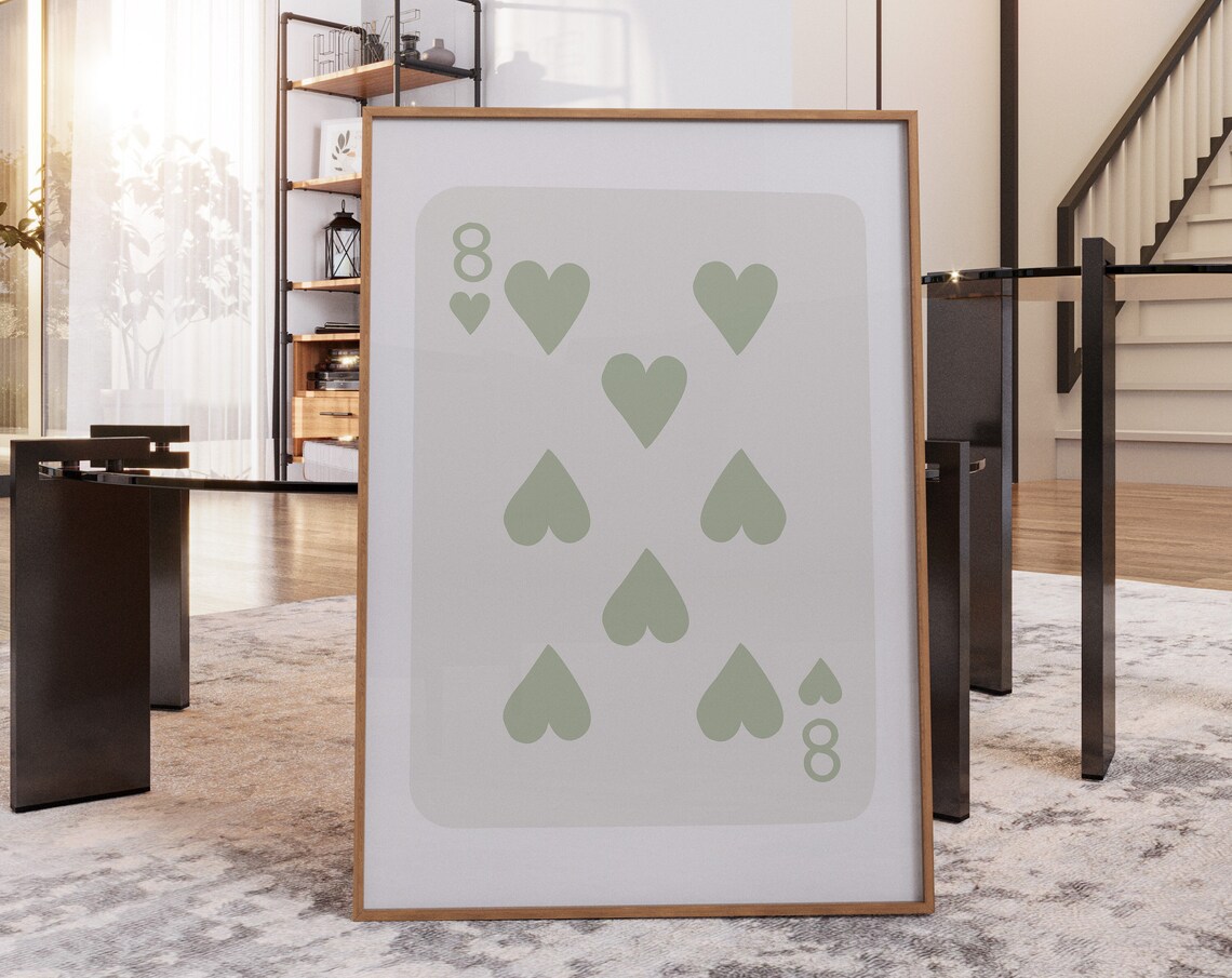 Sage Green Eight of Hearts Playing Card Minimalist Card Deck Art Poster