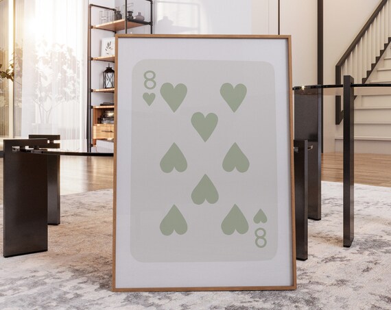Sage Green Eight of Hearts Playing Card Minimalist Card Deck Art Poster