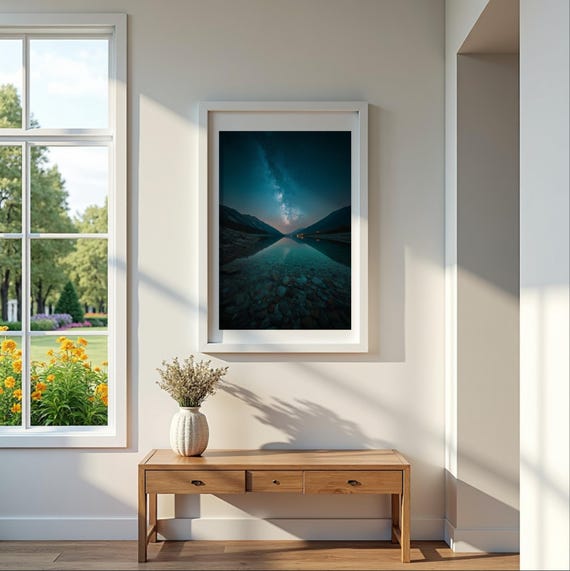 Milky Way Mountain Lake Print Dreamlike Celestial Night Sky Art