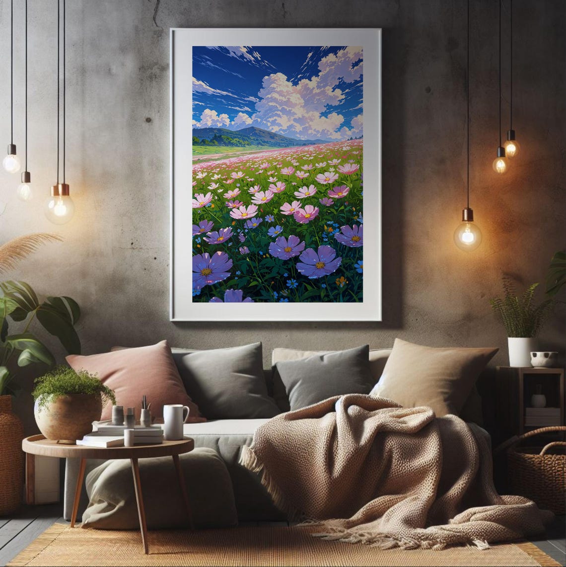 Cosmos Flower Field Anime Art Print Spring Meadow Decor