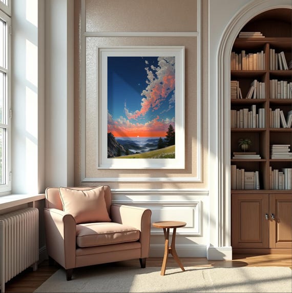 Ghibli Inspired Sunrise Print Anime Cloudscape Mountain Art 5 Sizes