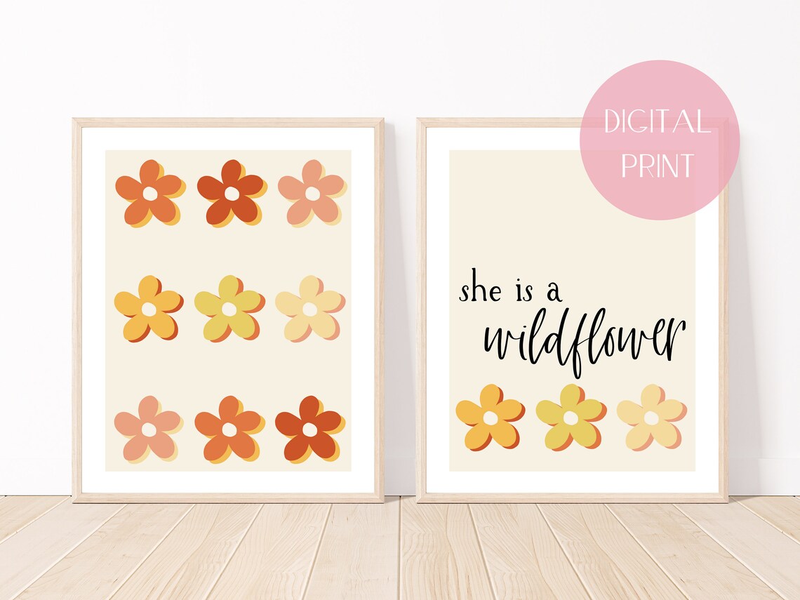 She Is A Wildflower Retro Boho Floral Duo Set Nursery Quote Poster