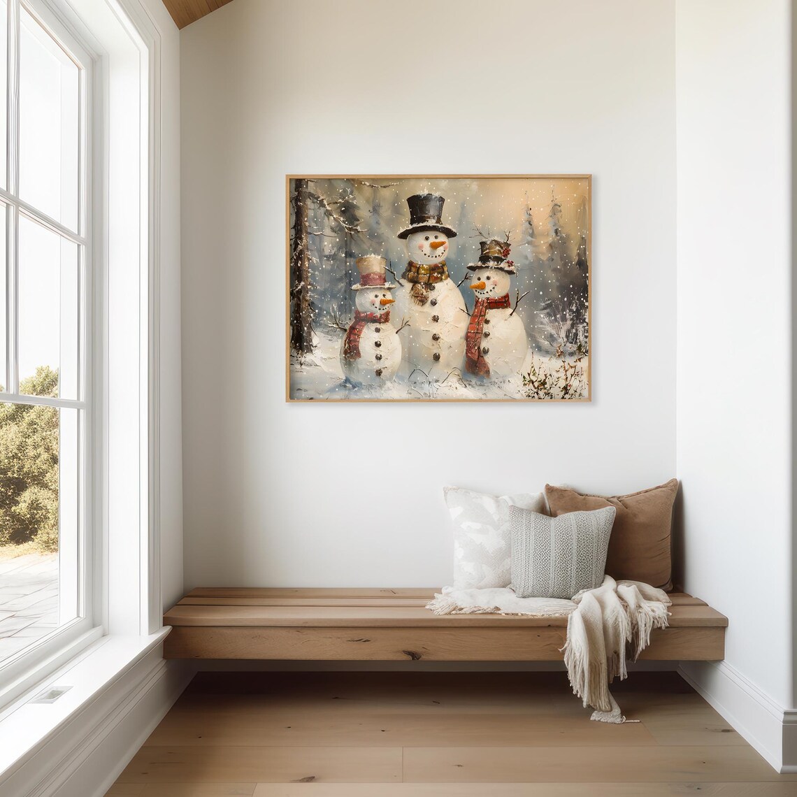 Snowman Trio With Top Hats And Plaid Scarves Christmas Wall Art - Image 3