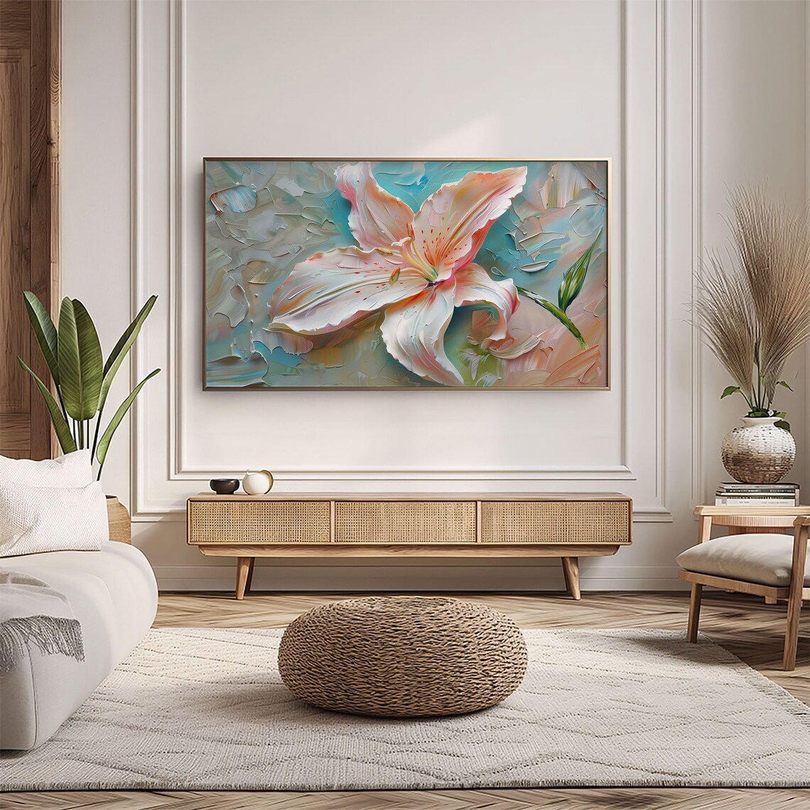 Blooming Lily Pink White Teal Textured Floral Painting Wall Art - Image 5
