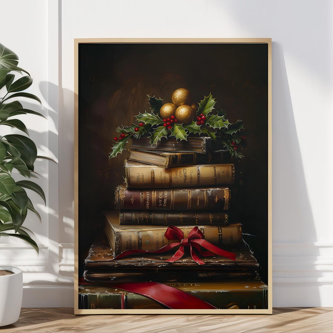 Stack of Antique Books With Holly Berries and Gold Ribbon Poster - Image 5