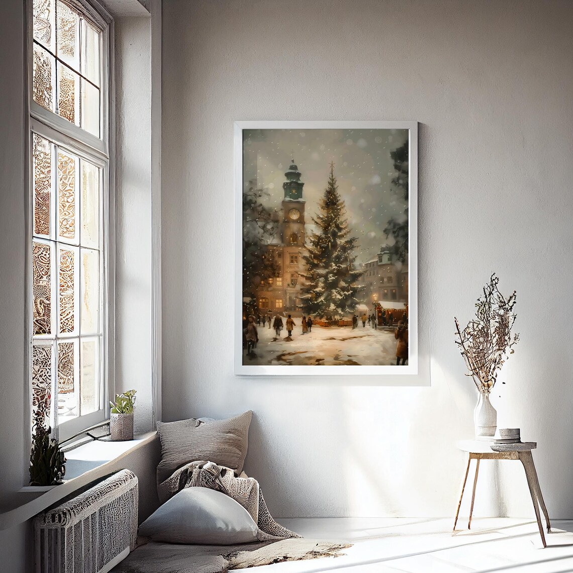 European Village Christmas Market Tree Night Lights Wall Art Poster - Image 2