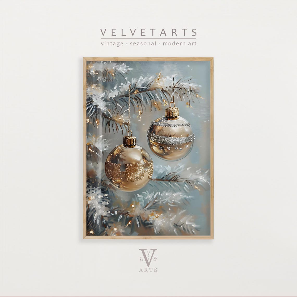 Frosted Golden Baubles Snowy Pine Branches Elegant Wall Art Poster