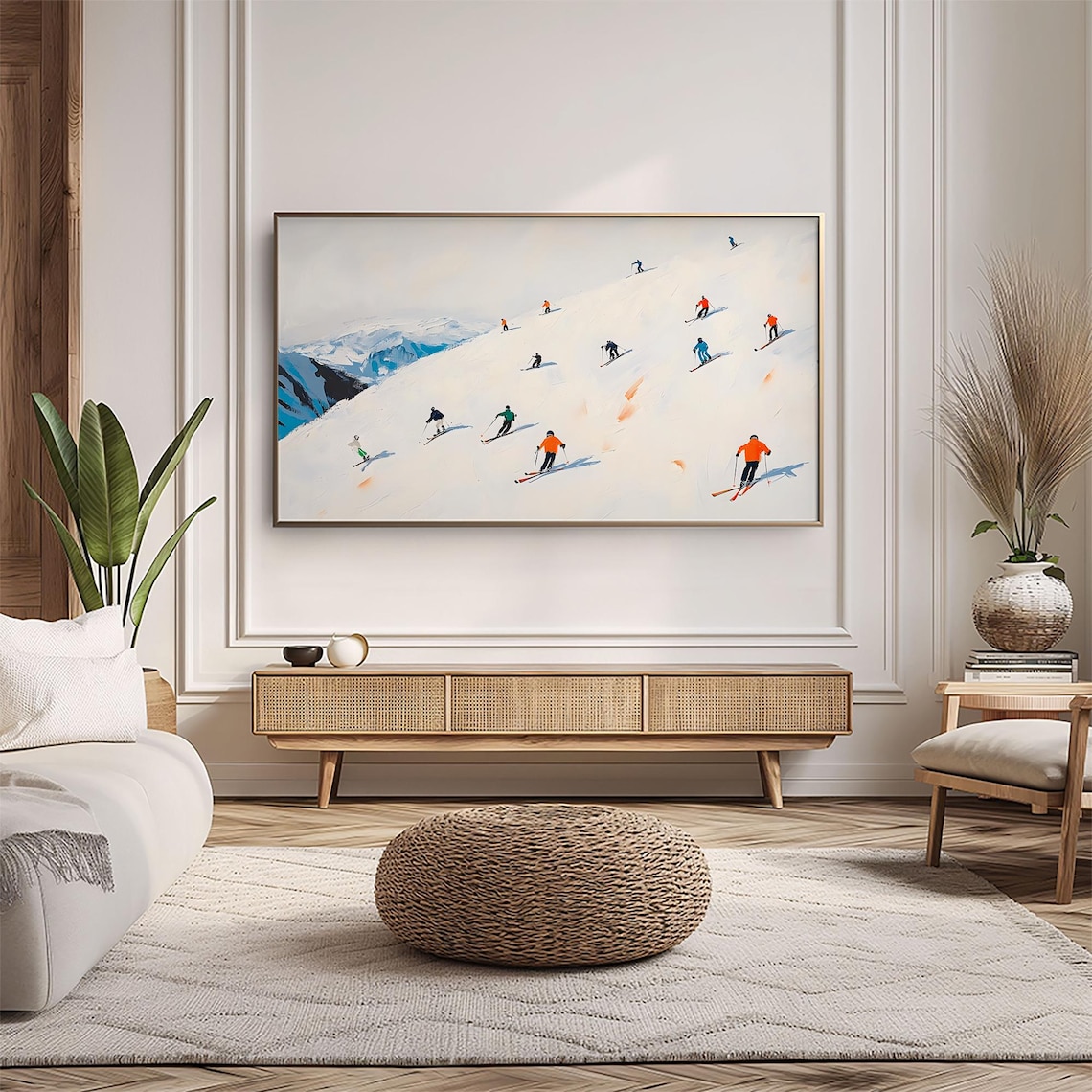Skiers on a Bright Snowy Mountain Slope Minimalist Winter Wall Art - Image 4