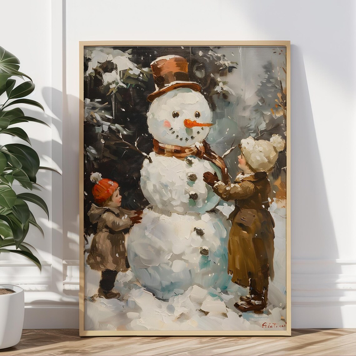 Two Children Building a Big Snowman With Top Hat Winter Poster - Image 5