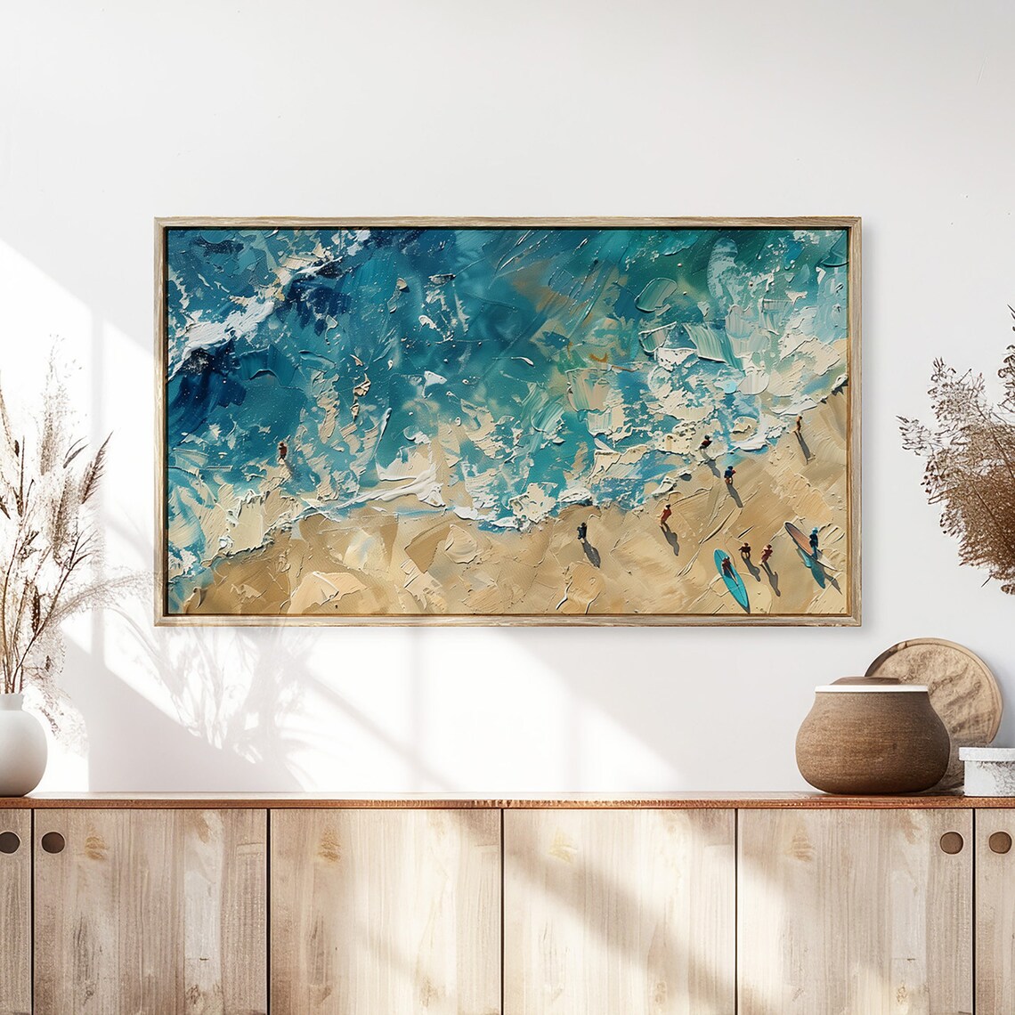 Aerial Beach Surfers Turquoise Waves Golden Sand Painting Poster - Image 3