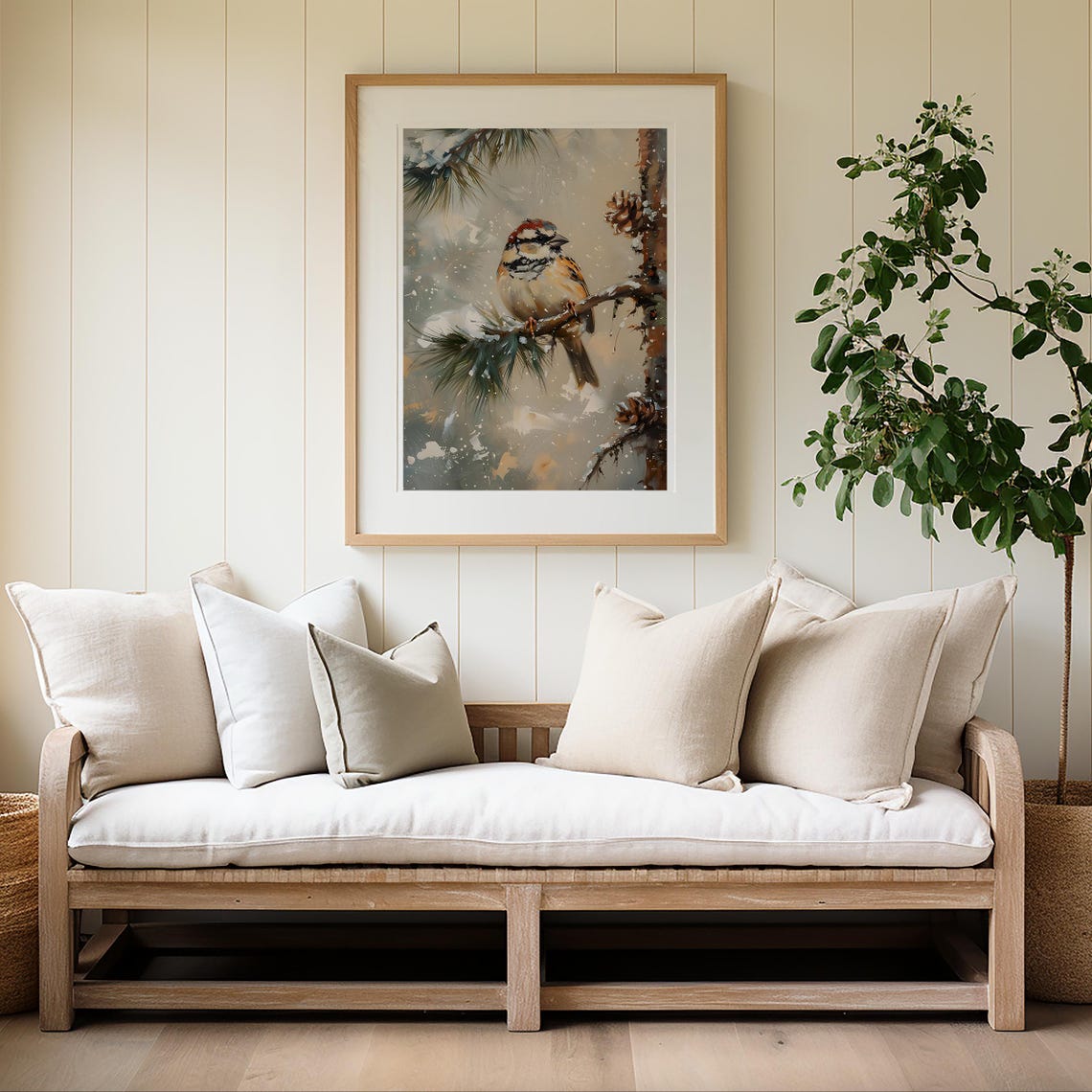 Winter Sparrow on Snowy Pine Branch Vintage Bird Painting Wall Art - Image 4